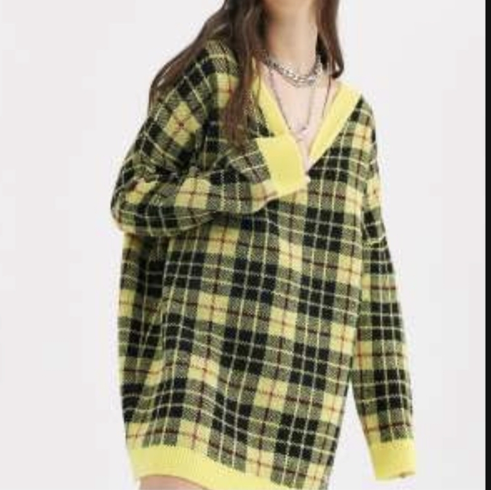 Plaid Oversized V-Neck Sweater - Yellow and Black XL